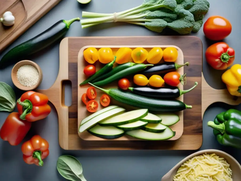 Una mezcla colorida de vegetales frescos cortados en una tabla de madera rústica