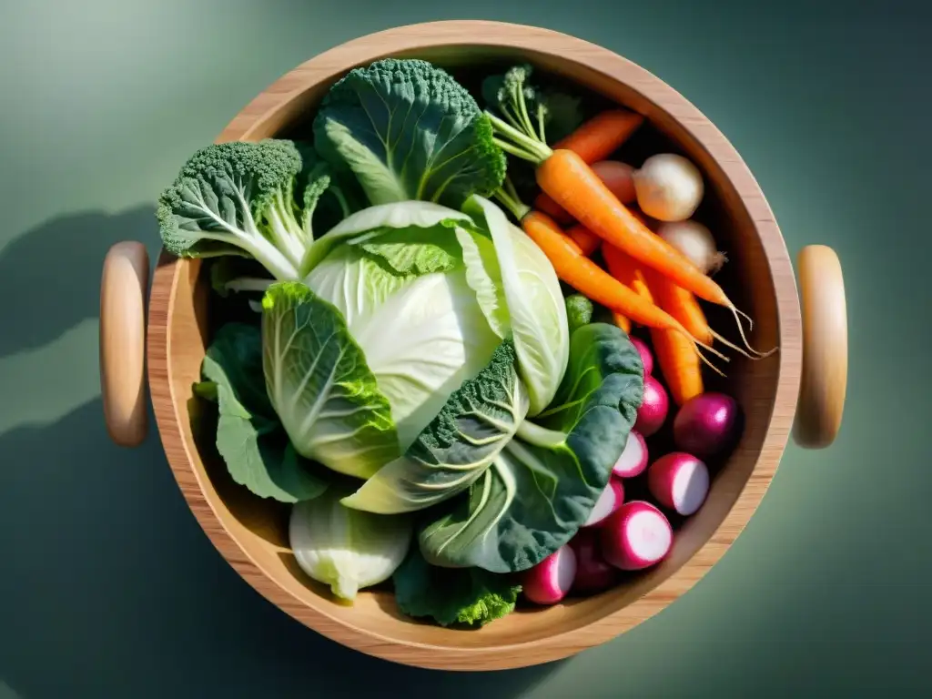 Una mezcla colorida de vegetales frescos en una olla de fermentación de madera, lista para preparar una receta kimchi sin gluten saludable