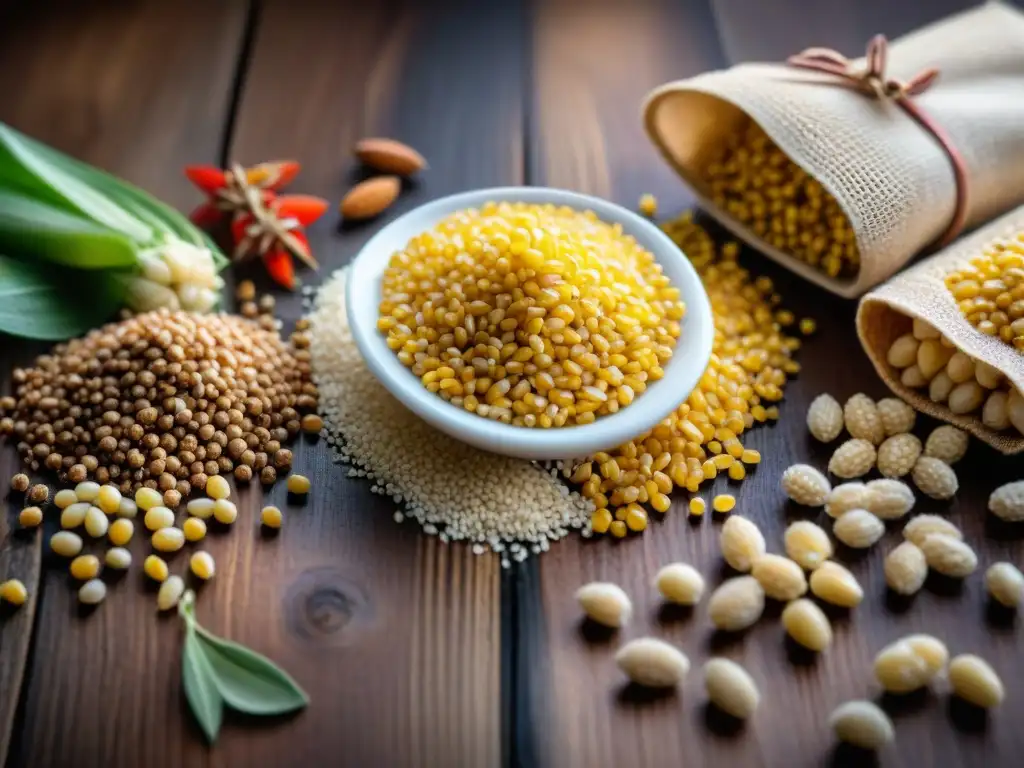 Variedad de granos y cereales en mesa rústica Mezcla de granos y cereales coloridos en mesa rústica de madera, perfecta para Recetas sin gluten fáciles