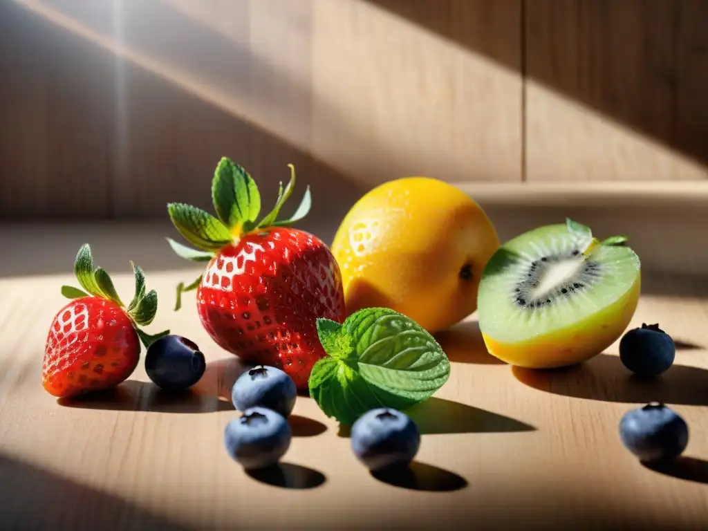 Una mezcla vibrante de frutas frescas: fresas, arándanos, mangos y kiwis sobre una mesa de madera rústica, con hojas de menta y luz natural