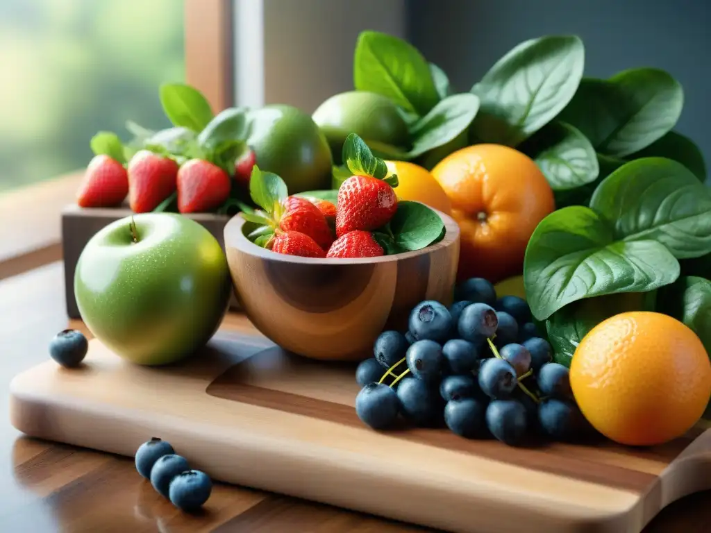 Una mezcla vibrante de frutas y verduras frescas en una tabla de madera, iluminada por el sol, transmitiendo frescura y abundancia