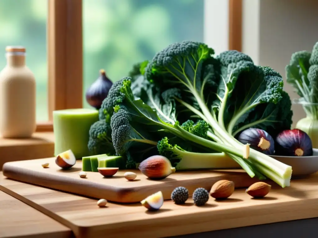 Una mezcla vibrante de fuentes de calcio en dieta vegana sobre tabla de madera en cocina moderna