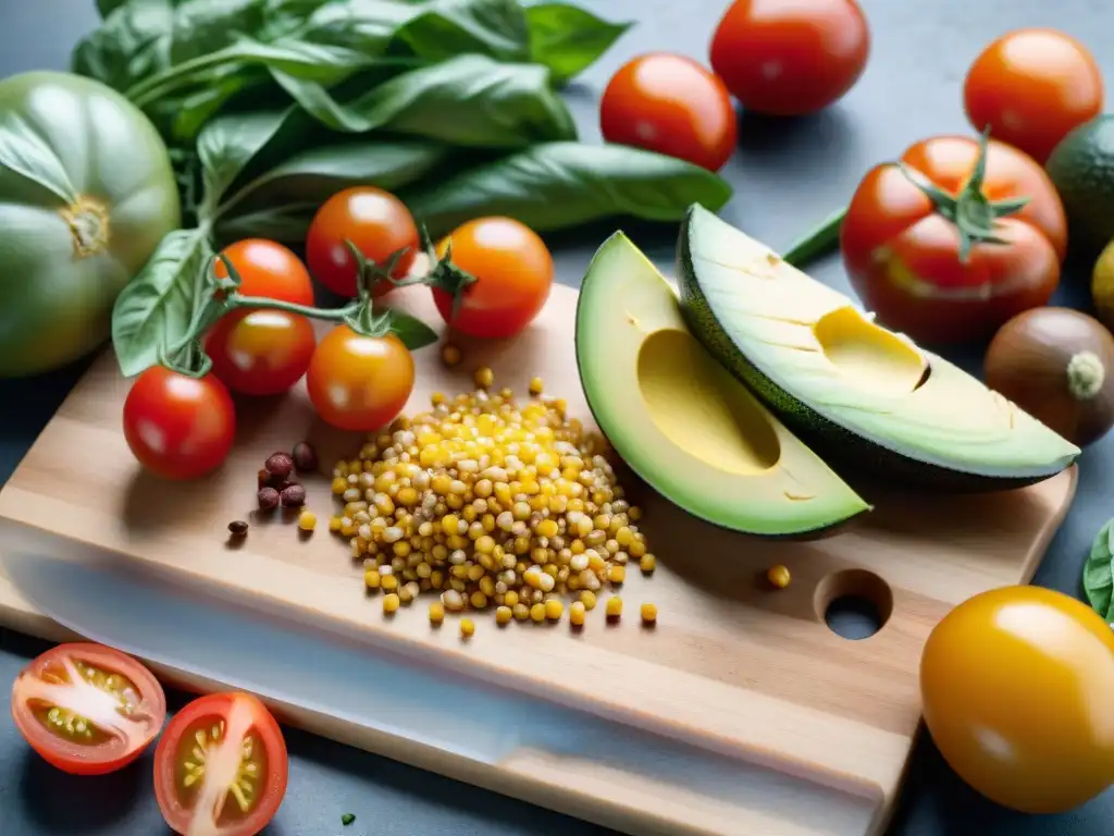 Una mezcla vibrante de ingredientes sin gluten, frescos y coloridos, sobre tabla de madera rústica