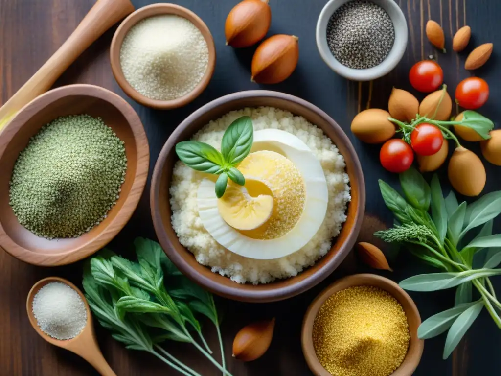 Una mezcla vibrante de los mejores ingredientes sin gluten: quinoa, harina de almendra, semillas de chía y más sobre una mesa de madera rústica