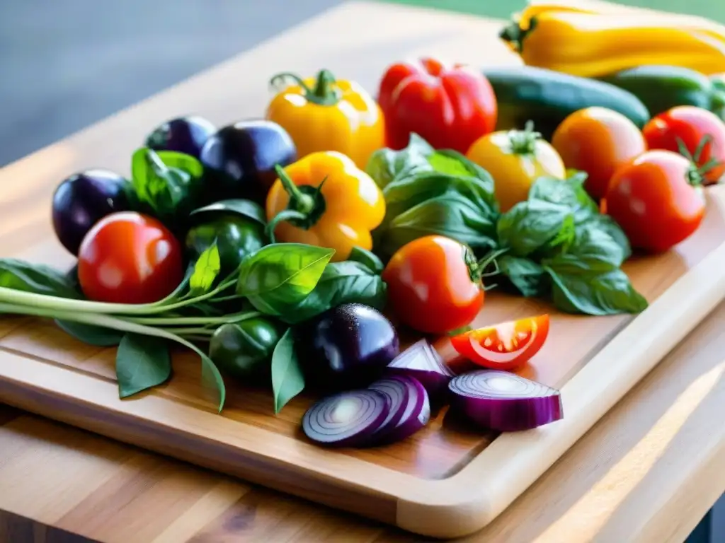 Una mezcla vibrante de verduras y hierbas frescas en tabla de madera, perfecta para cocina sin gluten olla presión