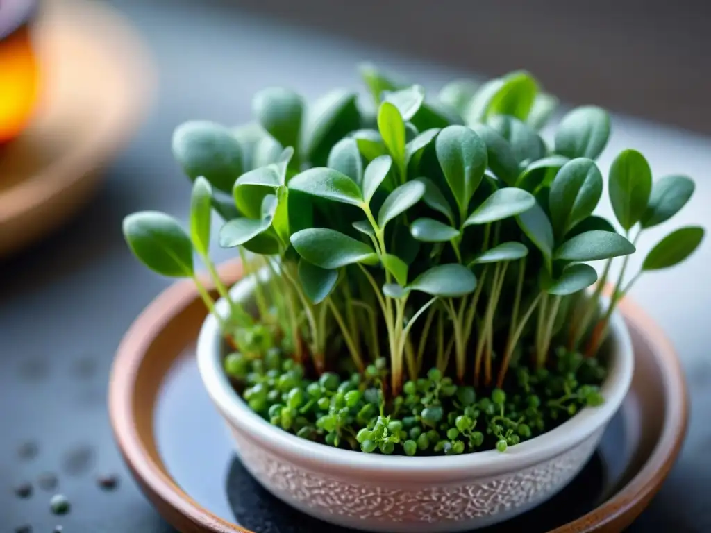 Microverduras sin gluten recetas innovadoras: Detalle vibrante y delicado de microverduras, frescas y coloridas en un elegante plato de cerámica