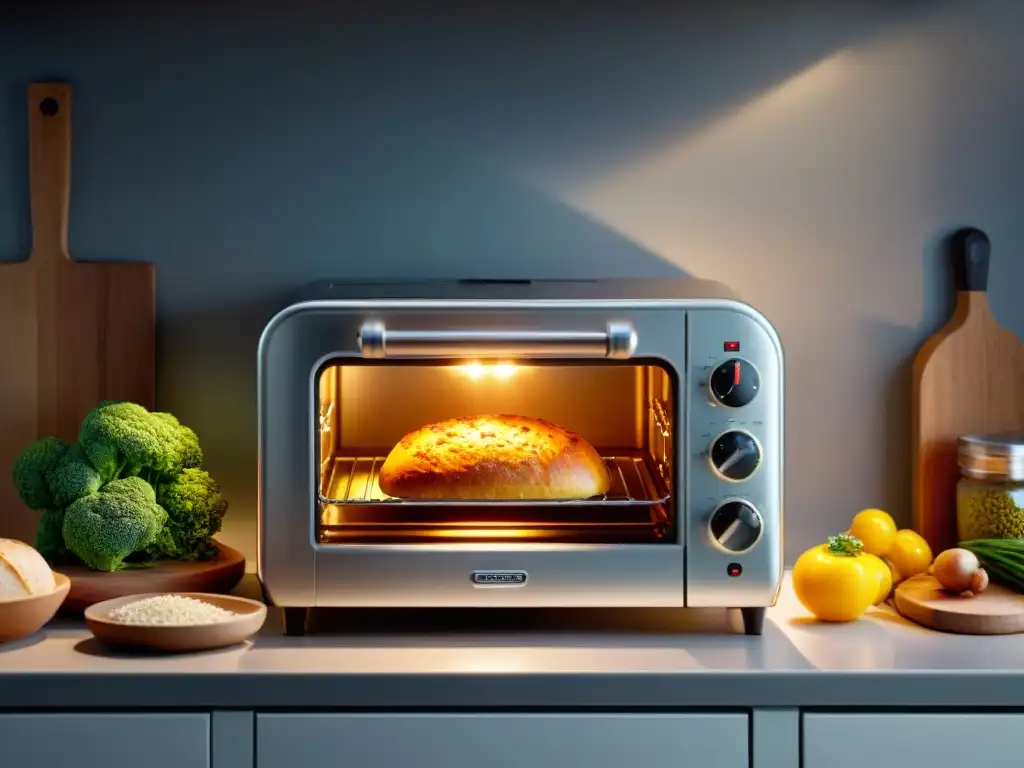 Un mini horno sin gluten innovador en una cocina con pan recién horneado y ingredientes frescos