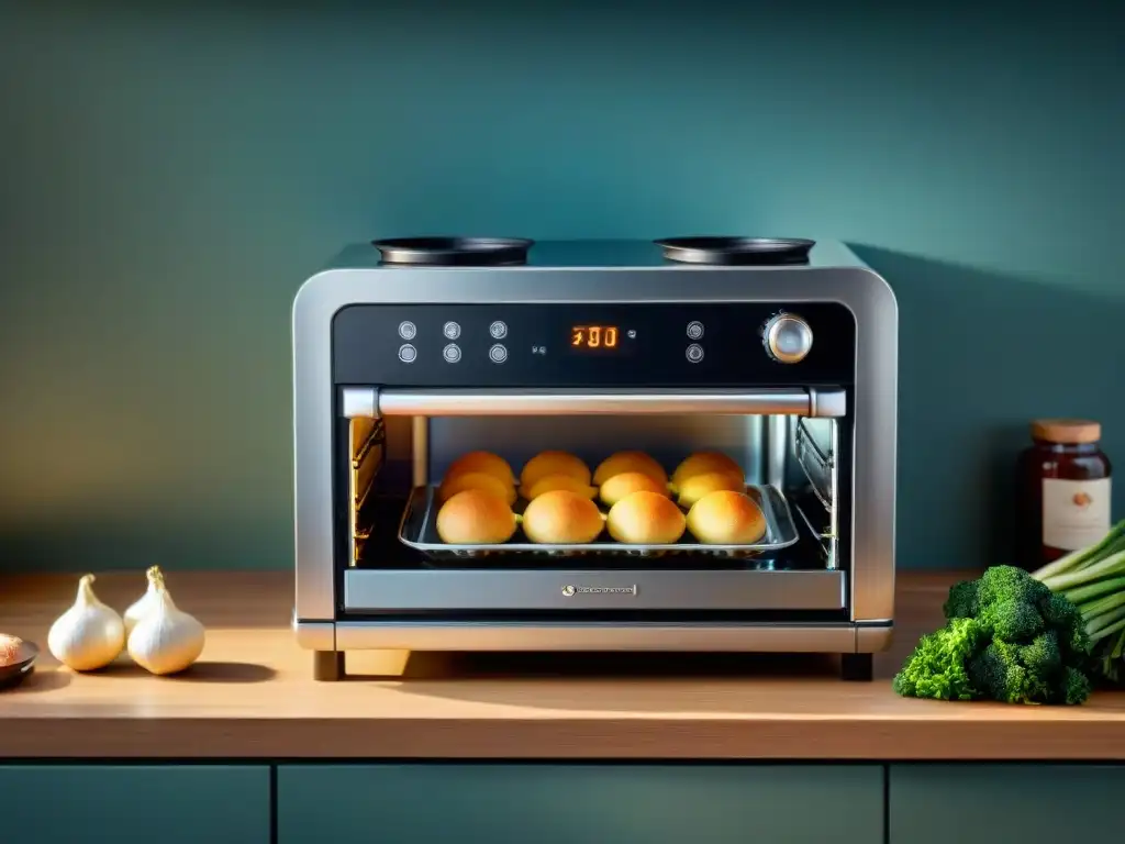 Un mini horno sin gluten innovador en un entorno moderno y elegante, rodeado de ingredientes frescos