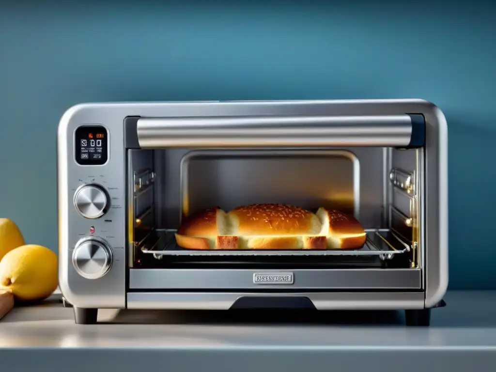 Un mini horno sin gluten innovador con diseño moderno y elegante, exhibiendo delicias sin gluten