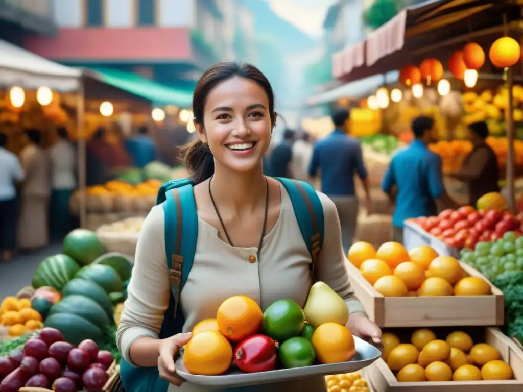 Un mochilero feliz explorando un mercado lleno de colores y sabores, disfrutando de recetas innovadoras de cocina sin gluten