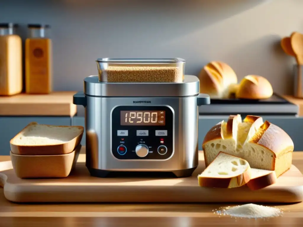 Una moderna máquina de hacer pan sin gluten con panel digital, ingredientes etiquetados y pan recién horneado en una cocina limpia y luminosa