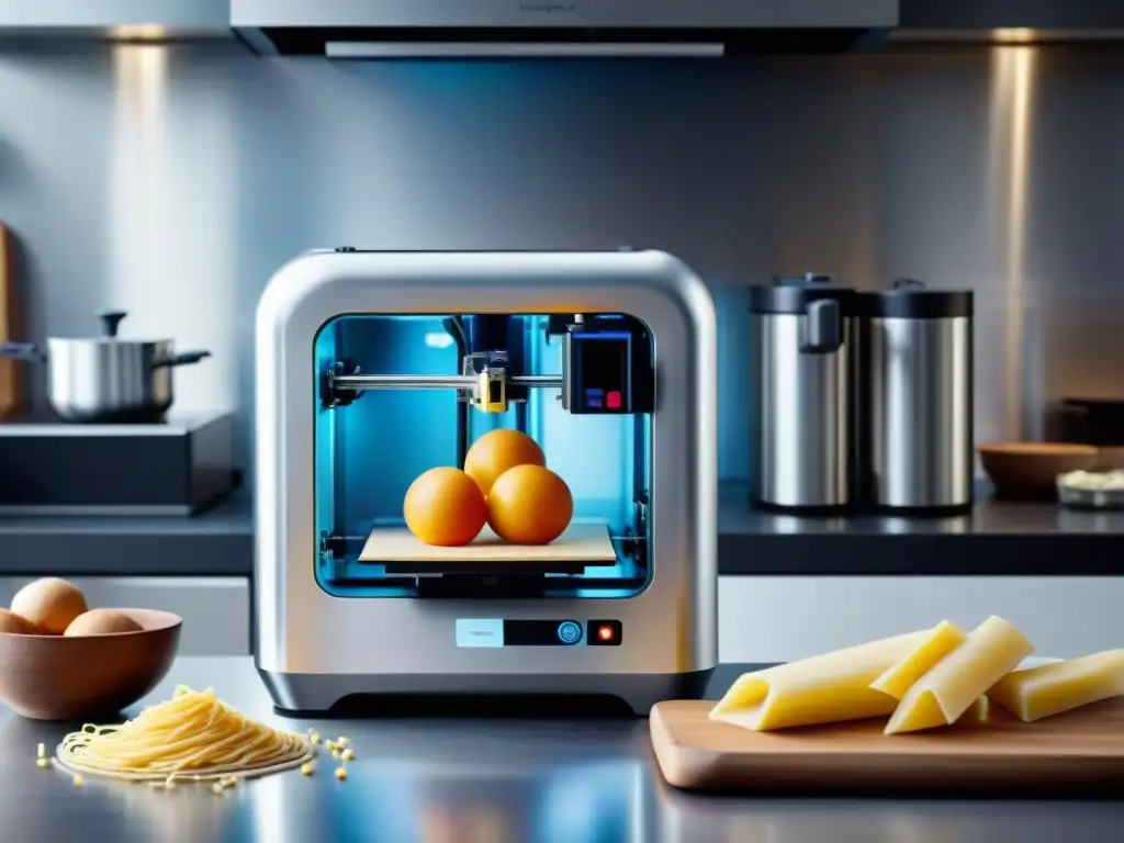 Un 3D printer moderno cocina alimentos sin gluten en una cocina futurista