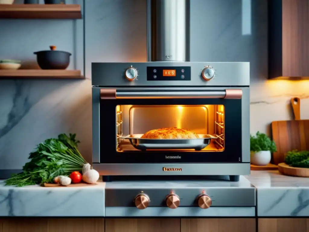 Un moderno mini horno de diseño en acero inoxidable con accesorios innovadores sin gluten en una cocina contemporánea elegante