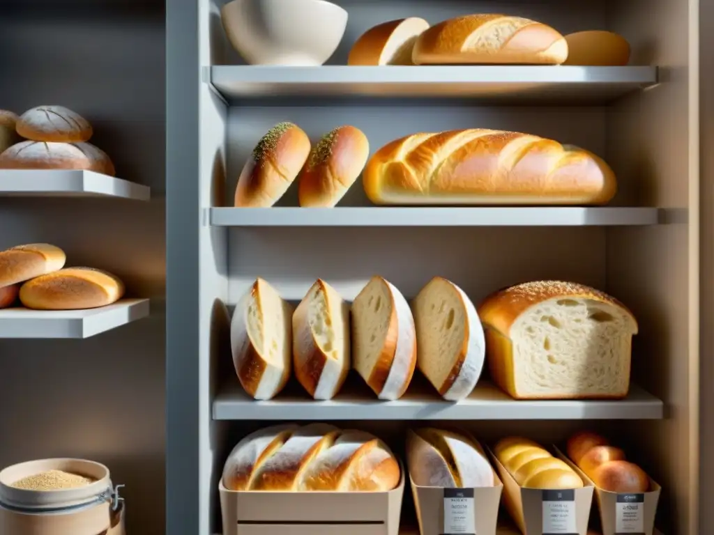 Un moderno y ordenado almacenamiento de pan sin gluten fresco con variedad de panes y baguettes, iluminado por la luz natural
