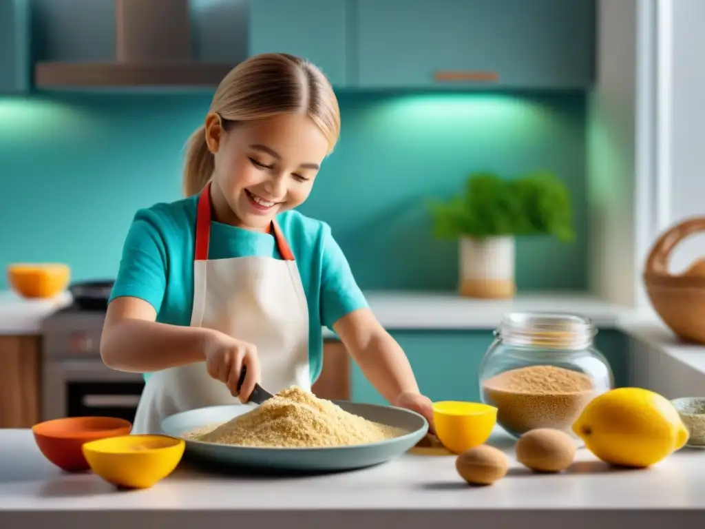 Un momento familiar alegre y colorido en la cocina, preparando alimentos sin gluten para niños con amor y diversión