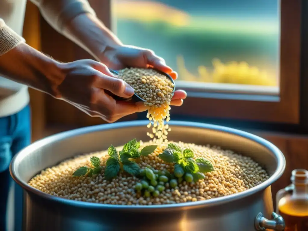 Un momento mágico: Cerveza casera sin gluten fermentada, con luz solar iluminando la delicada preparación