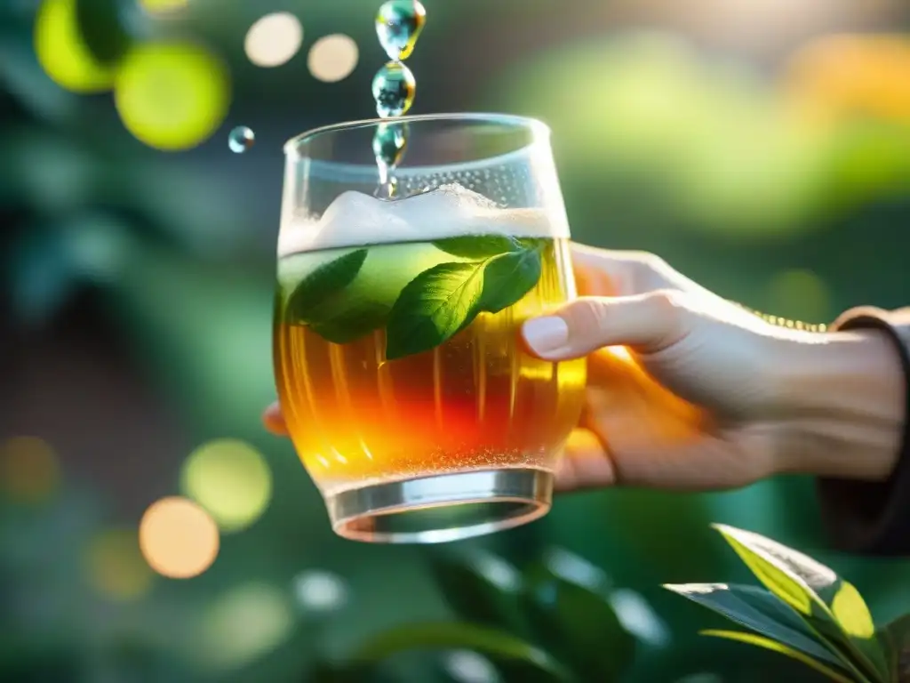 Un momento mágico: mano sirviendo Kombucha casera en un jardín exuberante, reflejando equilibrio perfecto sabor Kombucha