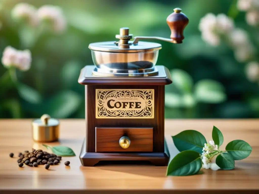 Un momento matutino sereno con un molinillo de café sin gluten elegante en una mesa de madera, rodeado de un jardín verde