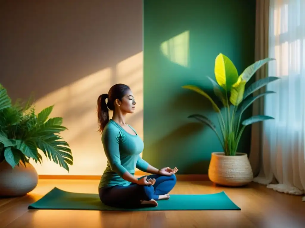 Un momento de paz y claridad mental al practicar yoga en un ambiente acogedor y lleno de plantas verdes