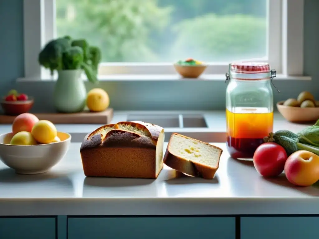 Un mostrador de cocina lleno de frutas y verduras frescas, pan sin gluten, mermelada casera y una taza de té