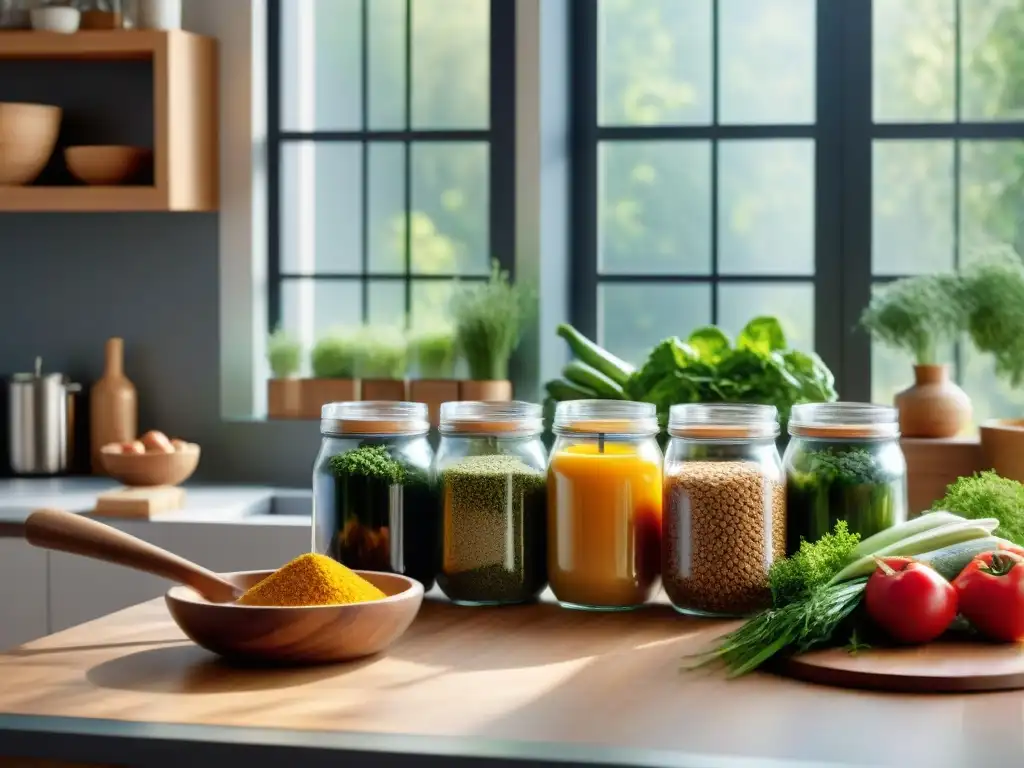 Un mostrador de cocina lleno de ingredientes sin gluten en tarros de vidrio y cuencos de madera