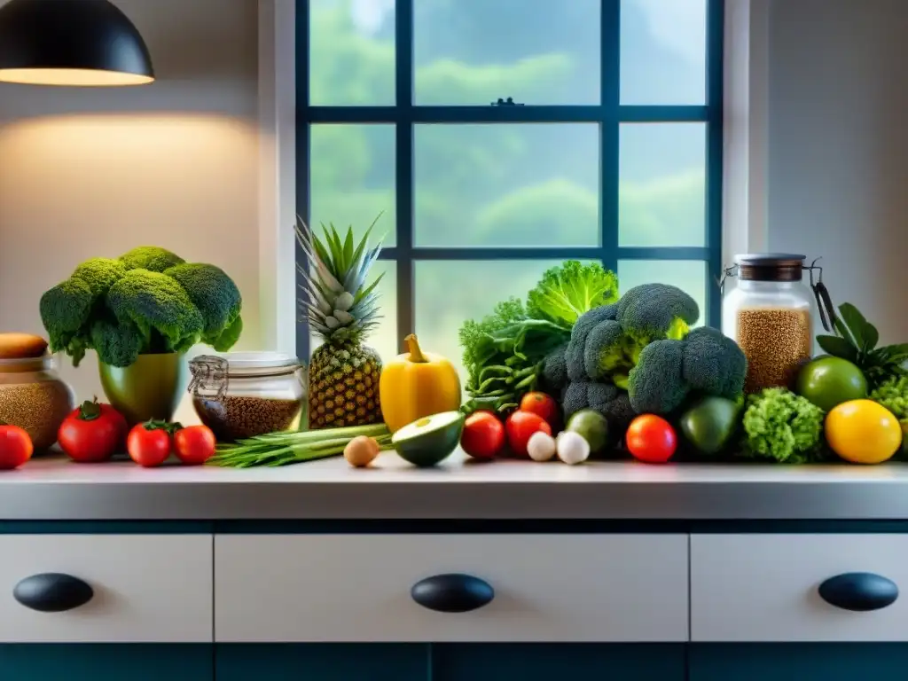 Despensa llena de ingredientes sin gluten: cocina vibrante Un mostrador de cocina lleno de ingredientes sin gluten para cocinar: coloridos, frescos y vibrantes, bañados por la luz natural