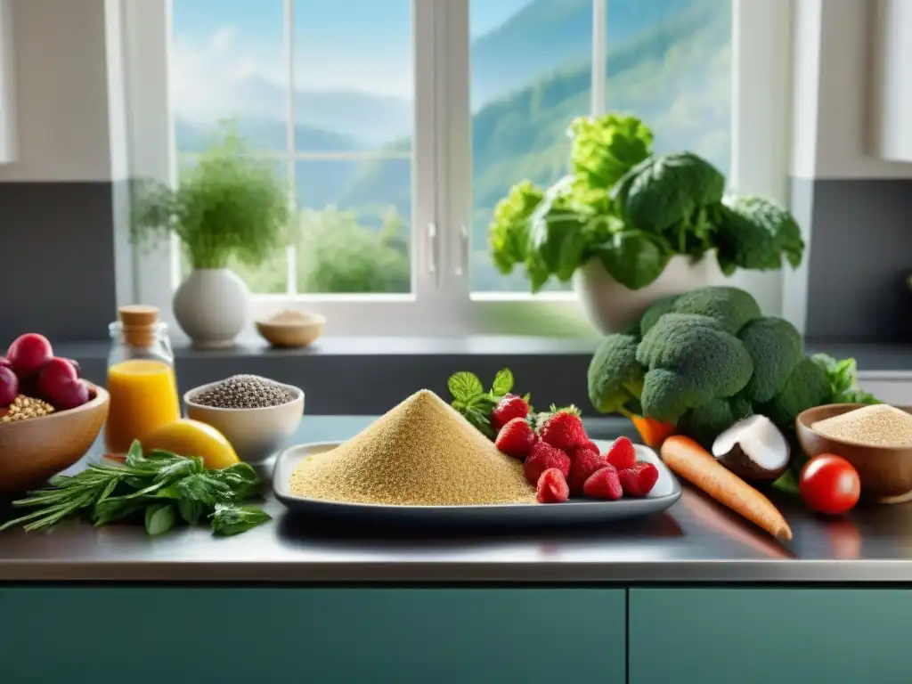 Cocina saludable: Detalles glutenfree en abundancia Un mostrador de cocina lleno de ingredientes sin gluten para cocinar, bañado por la luz natural