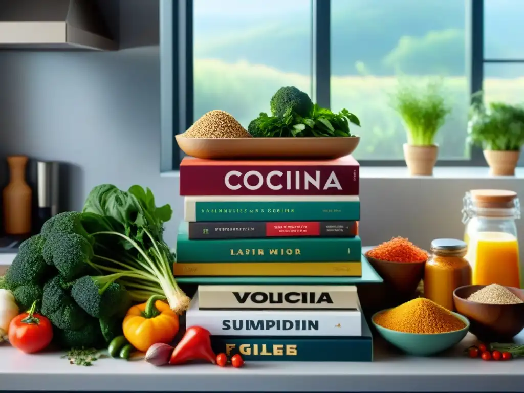 Cocina saludable: Vista detallada de cocina colorida y natural Un mostrador de cocina lleno de verduras frescas, granos sin gluten y hierbas