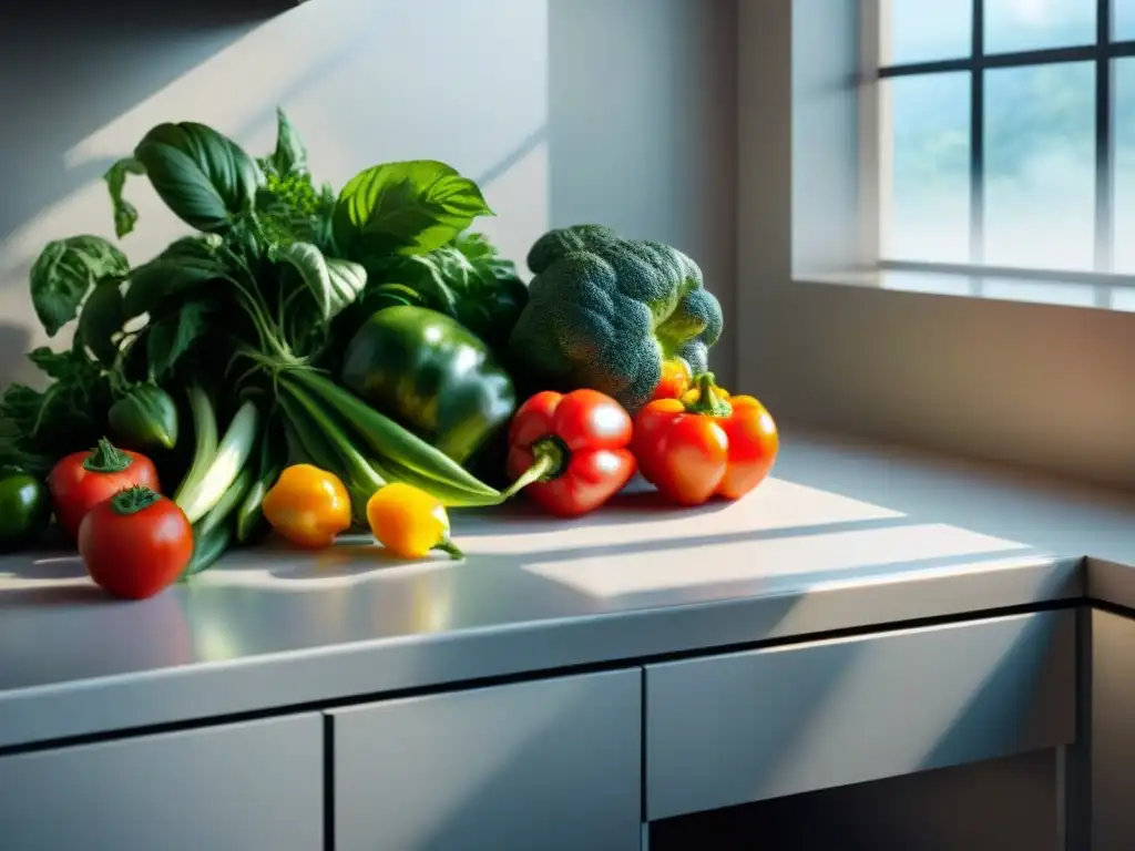 Un mostrador de cocina minimalista con verduras frescas y coloridas, iluminado por la luz del sol