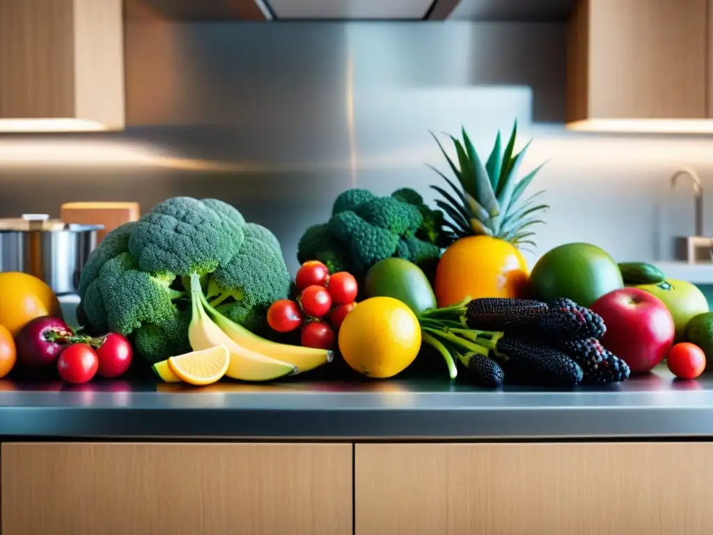 Un mostrador de cocina organizado con frutas y verduras frescas, cuchillos de acero inoxidable y tablas de cortar