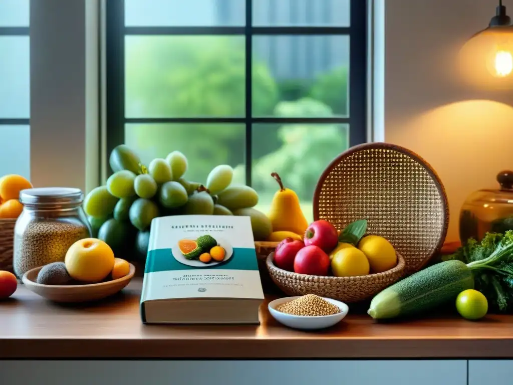 Un mostrador de cocina sereno y organizado con frutas y verduras coloridas en cestas de mimbre