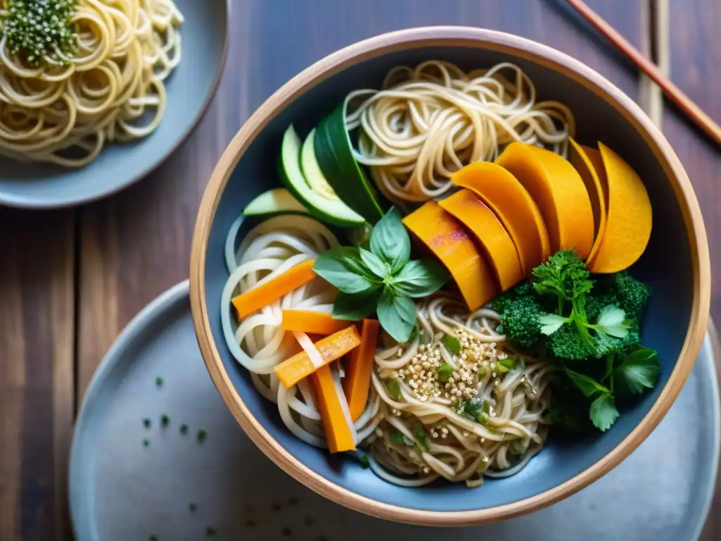 Una muestra detallada de fideos asiáticos sin gluten recetas en un vaporizador de bambú