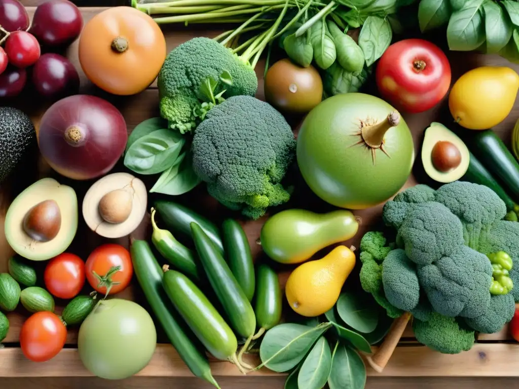 Una muestra de frutas y verduras frescas en una mesa de madera rústica, goteando agua, ideal para una Dieta Paleo sin gluten beneficios