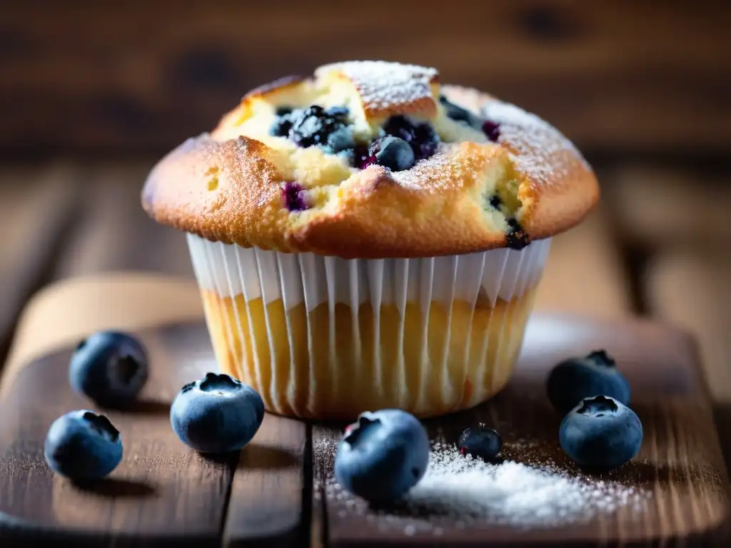 Un muffin de arándanos sin gluten recién horneado, con azúcar glas y vapor, sobre una mesa de madera rústica