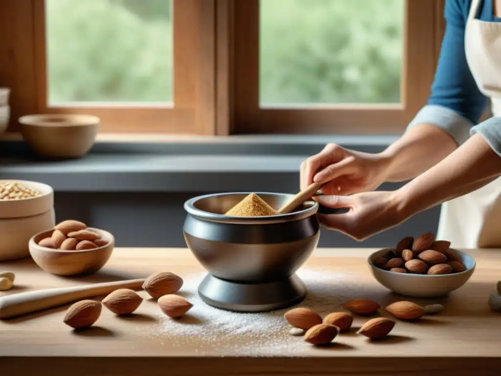 Una mujer muele almendras frescas en polvo en una cocina rústica con luz natural, creando harina de almendra sin gluten