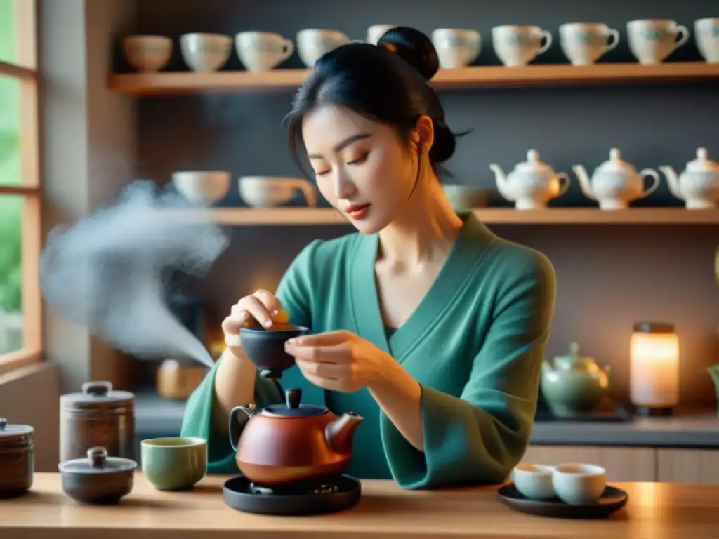 Una mujer vierte té caliente en una taza de porcelana en una cocina acogedora con estantes repletos de tés e infusiones sin gluten