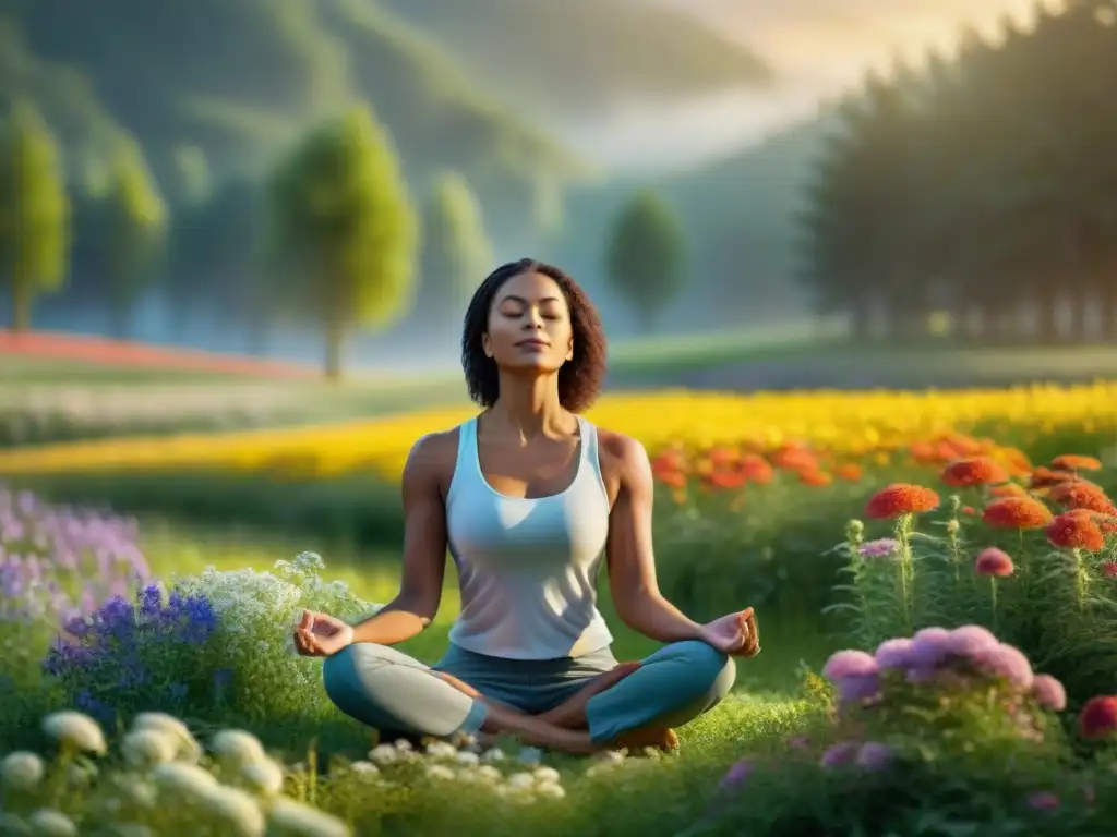 Mujer meditando en campo verde, rodeada de flores silvestres