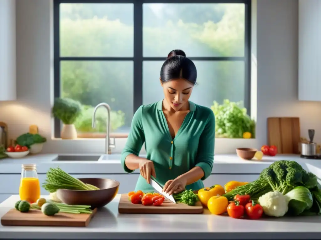 Mujer en cocina moderna practicando mindfulness en dieta sin gluten