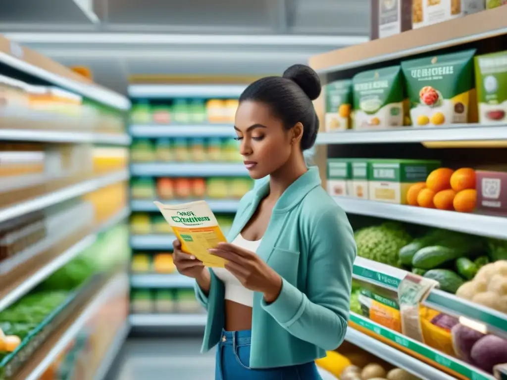 Una mujer concentrada leyendo etiquetas gluten oculto alimentos en una cocina iluminada, transmitiendo empoderamiento