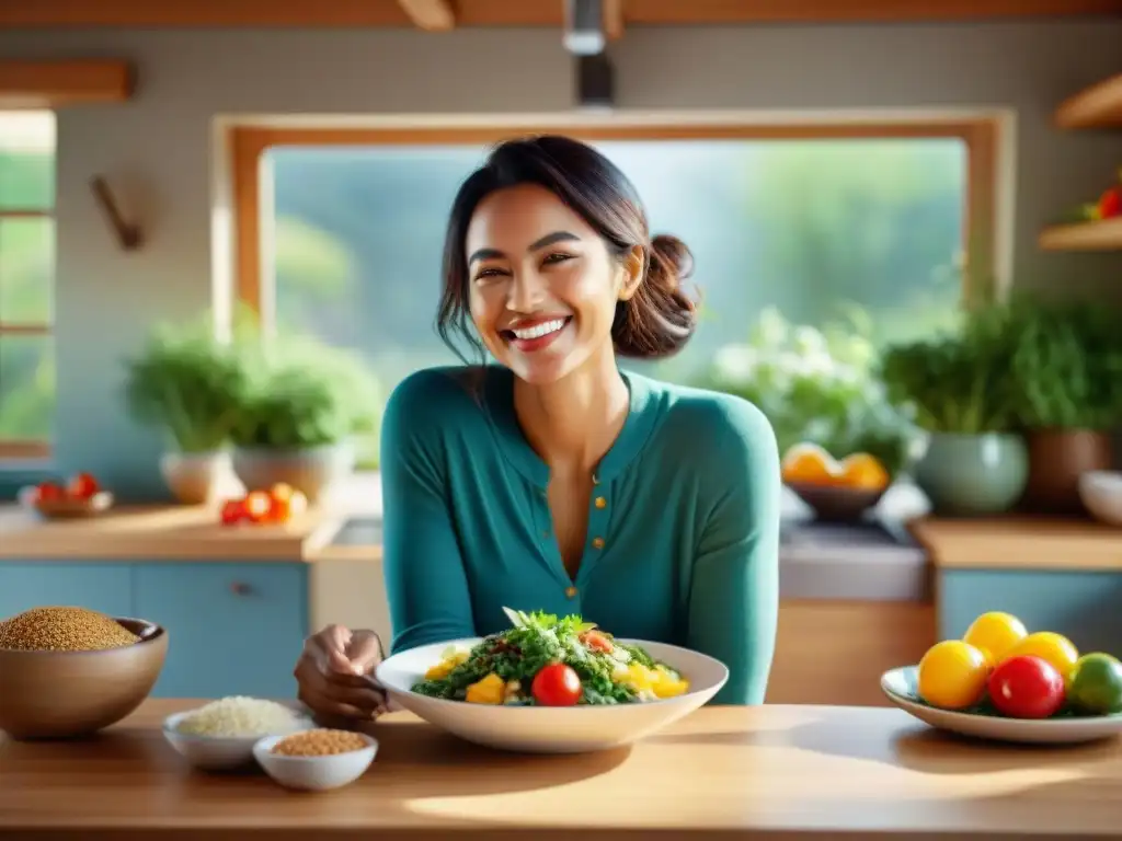 Mujer feliz disfrutando de comida sin gluten en cocina acogedora y soleada