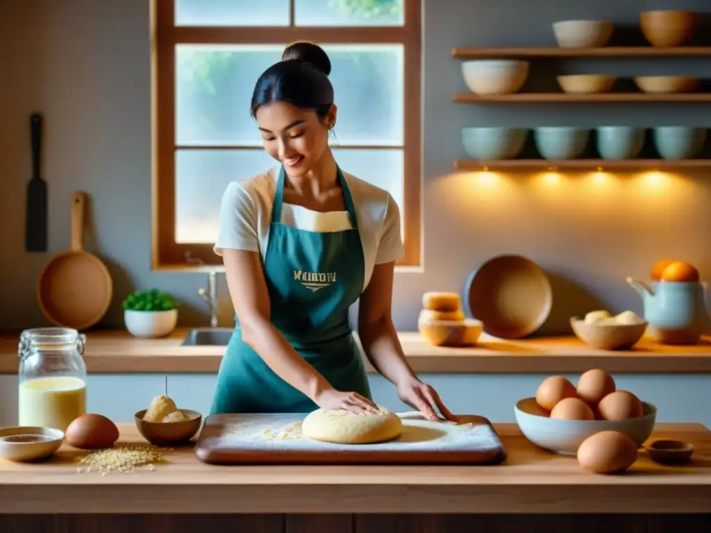 Mujer feliz amasando masa sin gluten en acogedora cocina