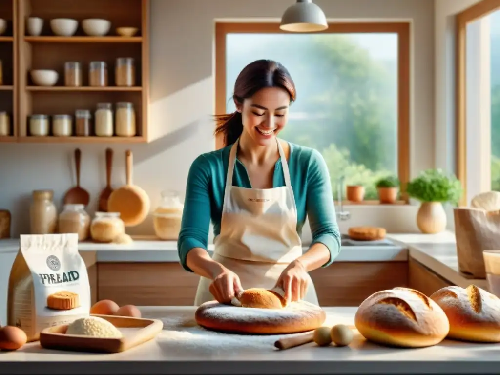 Una mujer feliz amasando pan sin gluten en una cocina luminosa, rodeada de ingredientes y utensilios de cocina