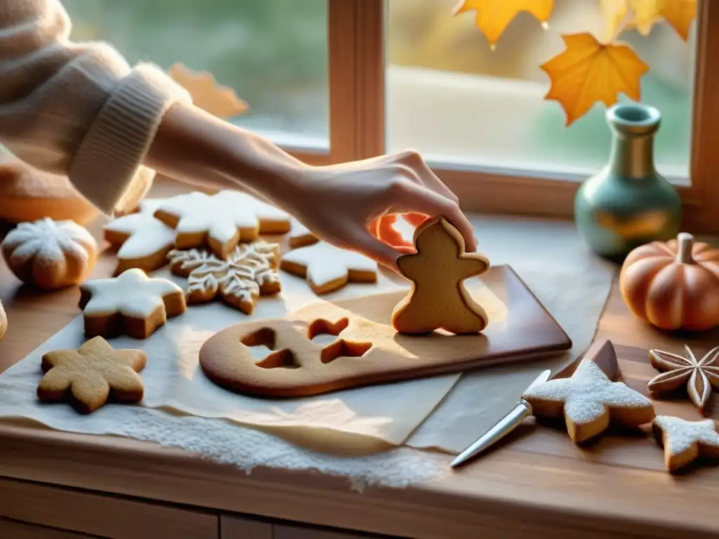 Una mujer preparando galletas de jengibre sin gluten en una acogedora cocina otoñal