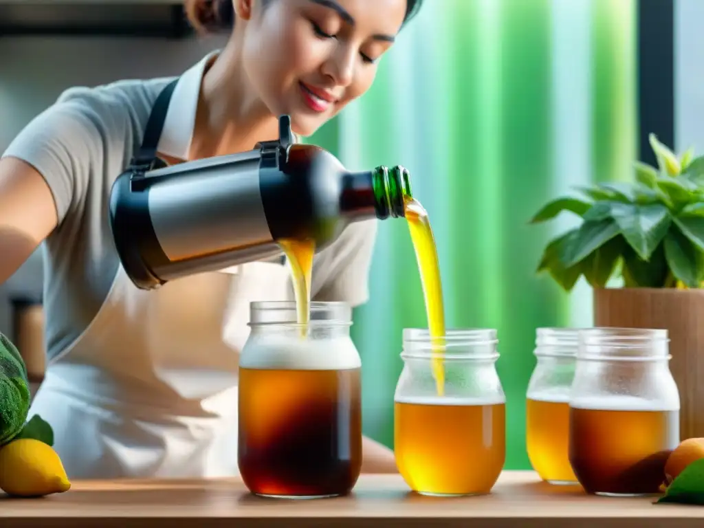 Una mujer vierte Kombucha sin gluten en botellas en una cocina moderna y soleada