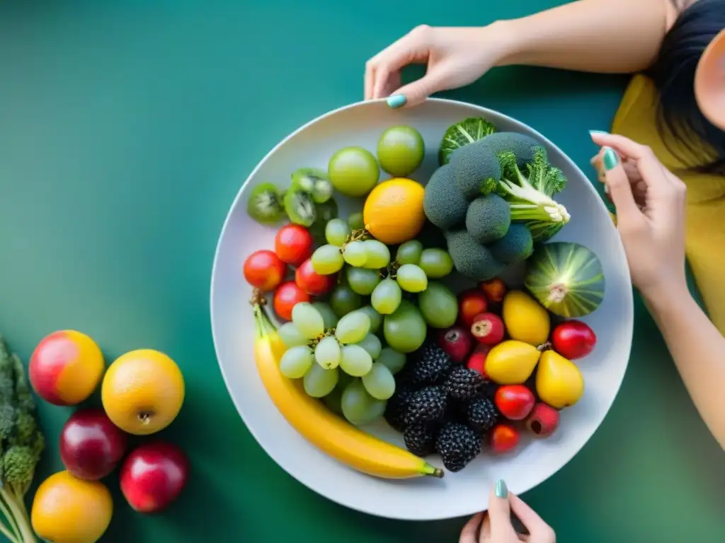 Mujer con piel radiante disfruta dieta FODMAP baja gluten piel en mesa colorida