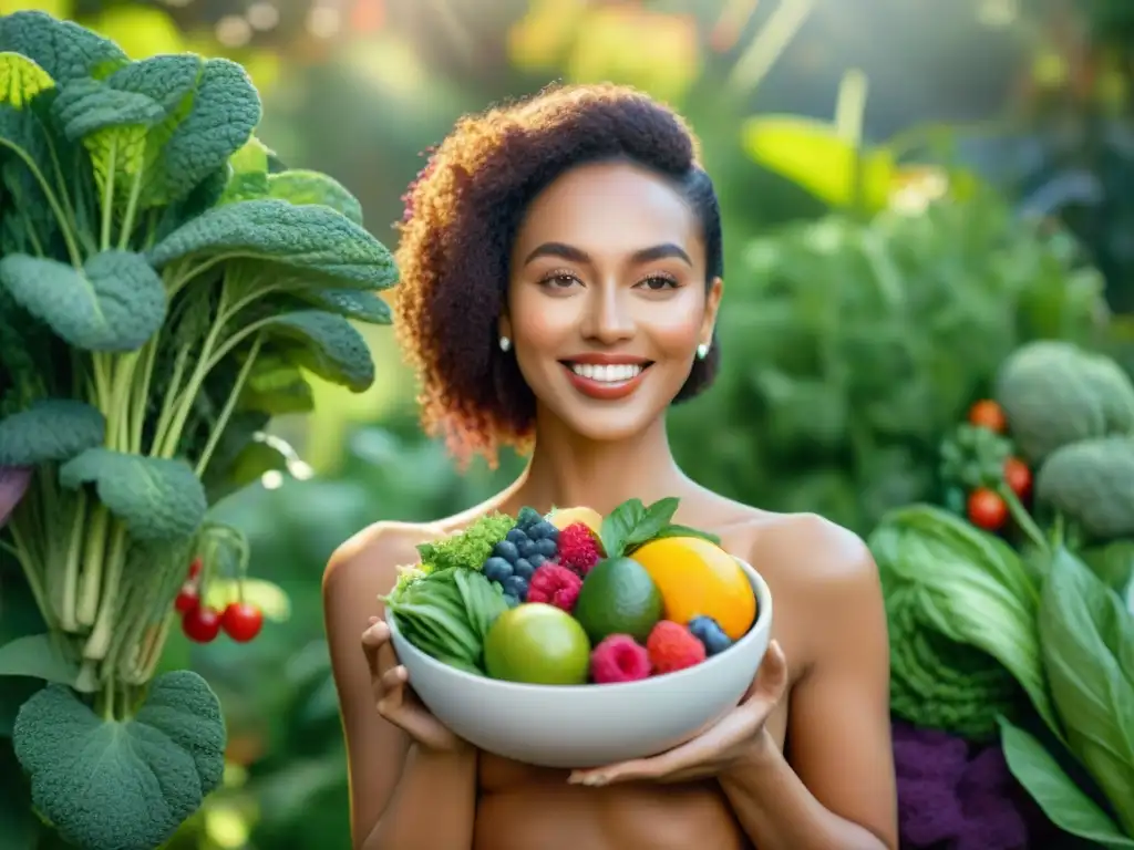 Una mujer radiante en un jardín vibrante con ingredientes veganos sin gluten