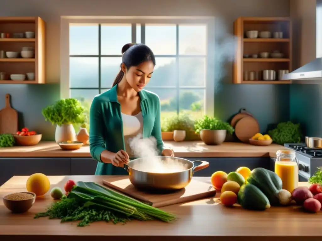 Una mujer serena practica mindfulness en una cocina soleada, rodeada de ingredientes frescos