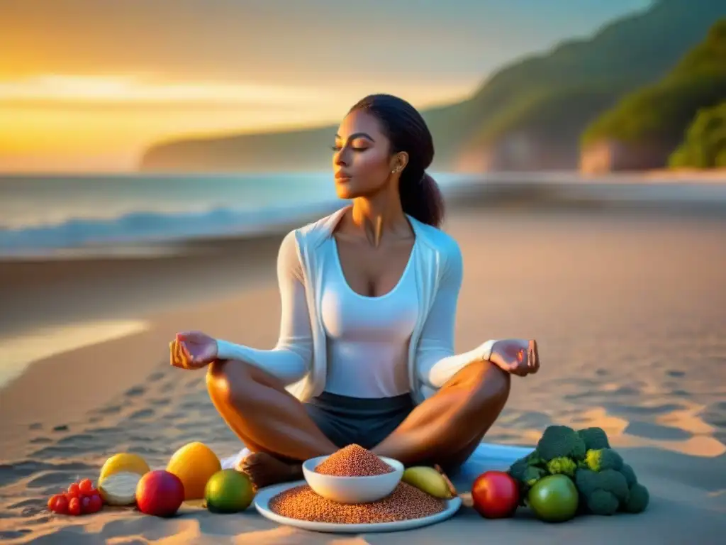 Mujer serena disfrutando de una comida sin gluten en la playa al atardecer, beneficios dieta sin gluten serenidad