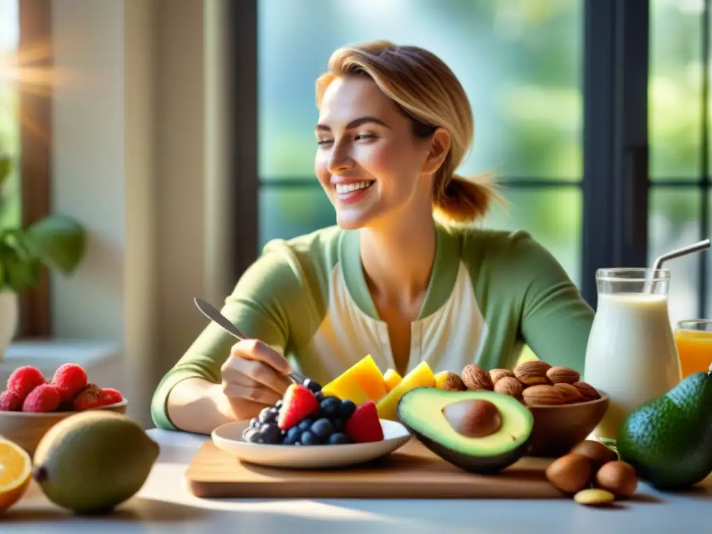 Una mujer serena disfruta de un desayuno colorido y sin gluten, transmitiendo bienestar y felicidad