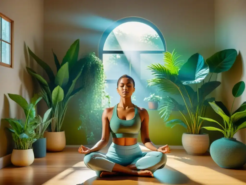 Mujer serena meditando en habitación soleada con plantas